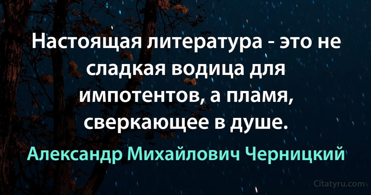 Настоящая литература - это не сладкая водица для импотентов, а пламя, сверкающее в душе. (Александр Михайлович Черницкий)