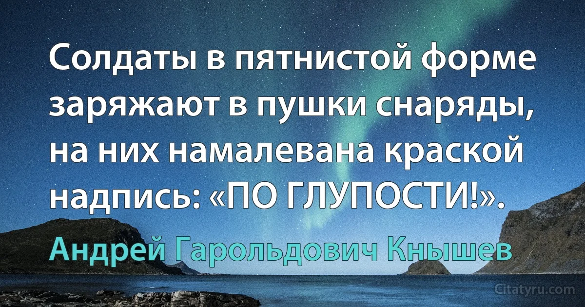 Солдаты в пятнистой форме заряжают в пушки снаряды, на них намалевана краской надпись: «ПО ГЛУПОСТИ!». (Андрей Гарольдович Кнышев)