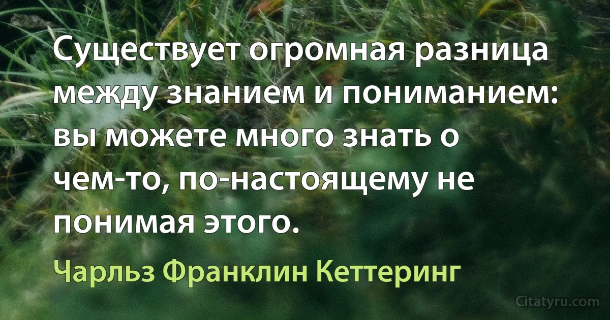 Существует огромная разница между знанием и пониманием: вы можете много знать о чем-то, по-настоящему не понимая этого. (Чарльз Франклин Кеттеринг)