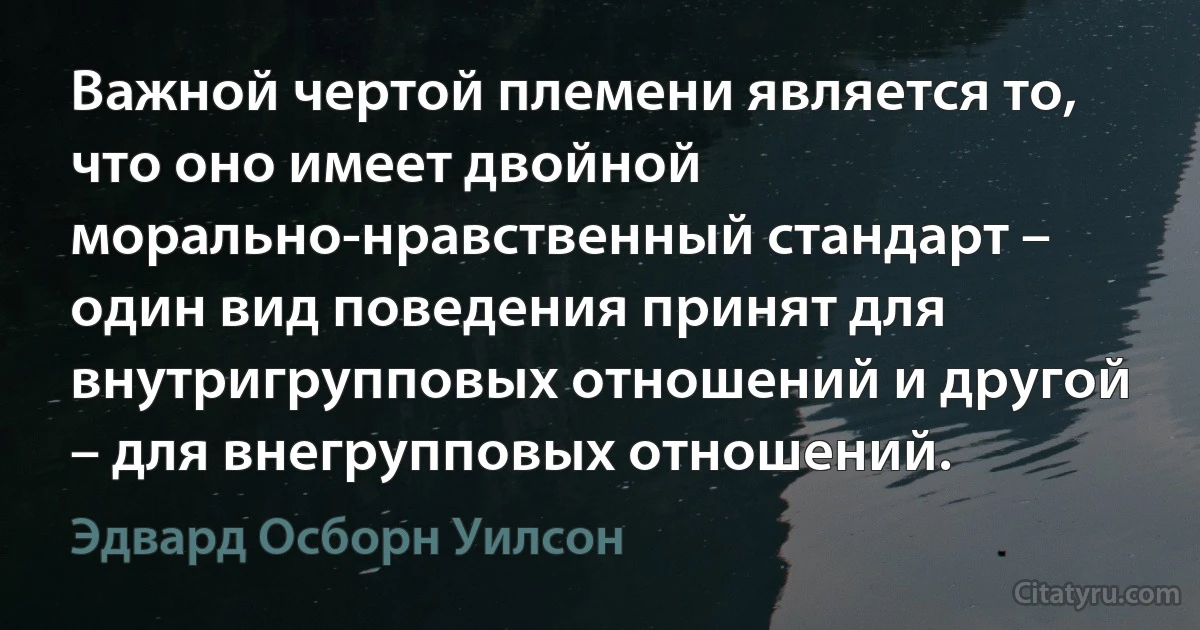 Важной чертой племени является то, что оно имеет двойной морально-нравственный стандарт – один вид поведения принят для внутригрупповых отношений и другой – для внегрупповых отношений. (Эдвард Осборн Уилсон)