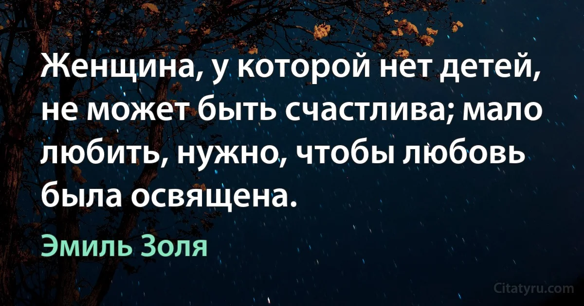 Женщина, у которой нет детей, не может быть счастлива; мало любить, нужно, чтобы любовь была освящена. (Эмиль Золя)