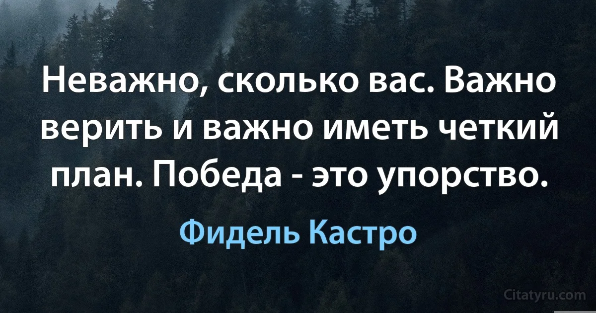 Неважно, сколько вас. Важно верить и важно иметь четкий план. Победа - это упорство. (Фидель Кастро)