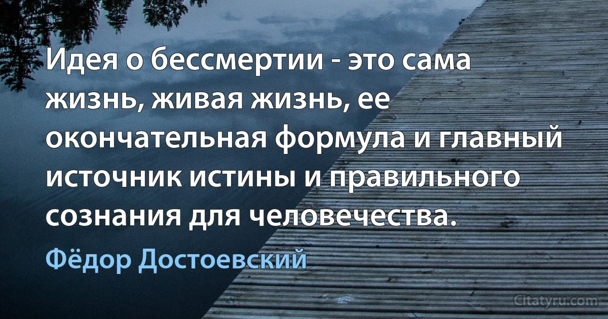 Идея о бессмертии - это сама жизнь, живая жизнь, ее окончательная формула и главный источник истины и правильного сознания для человечества. (Фёдор Достоевский)