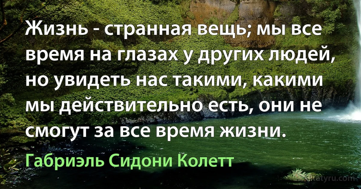 Жизнь - странная вещь; мы все время на глазах у других людей, но увидеть наc такими, какими мы действительно есть, они не смогут за все время жизни. (Габриэль Сидони Колетт)