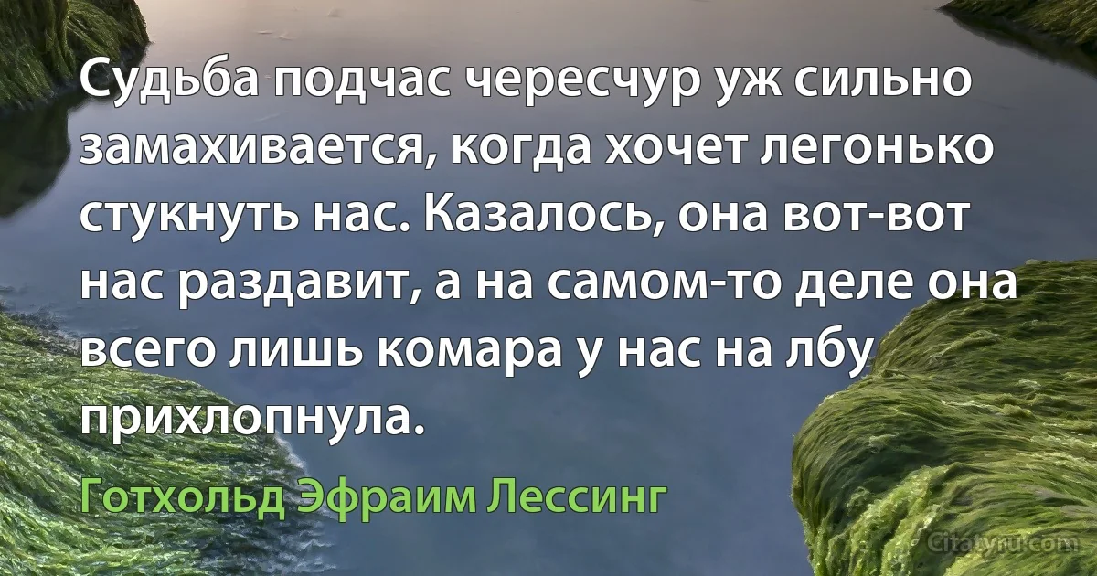 Судьба подчас чересчур уж сильно замахивается, когда хочет легонько стукнуть нас. Казалось, она вот-вот нас раздавит, а на самом-то деле она всего лишь комара у нас на лбу прихлопнула. (Готхольд Эфраим Лессинг)