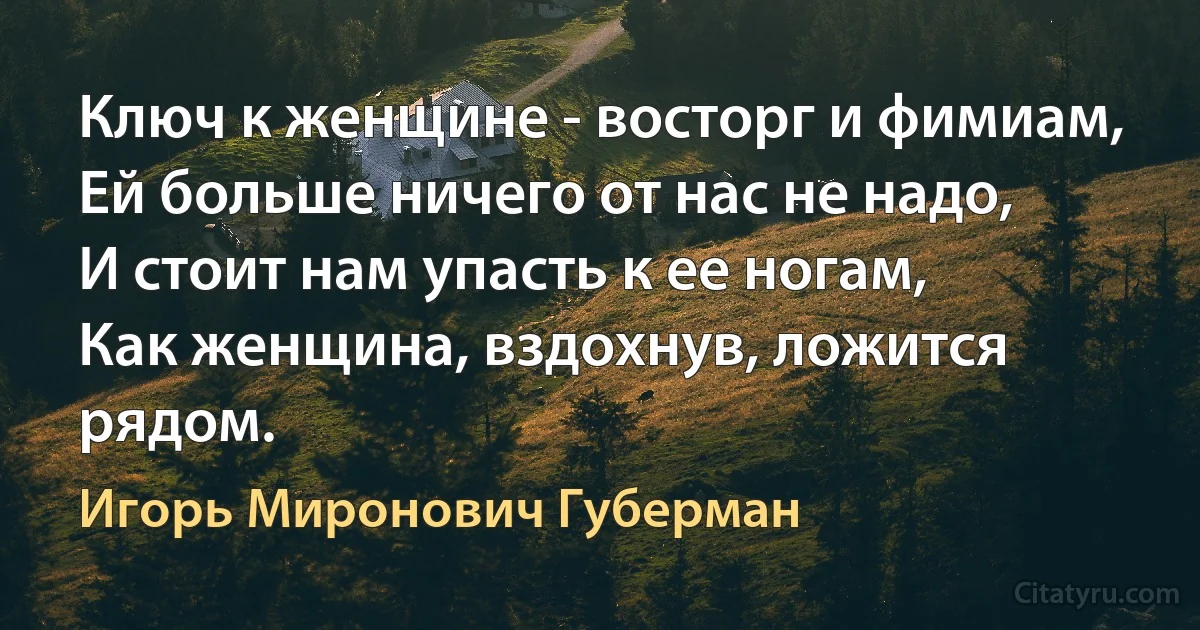 Ключ к женщине - восторг и фимиам,
Ей больше ничего от нас не надо,
И стоит нам упасть к ее ногам,
Как женщина, вздохнув, ложится рядом. (Игорь Миронович Губерман)