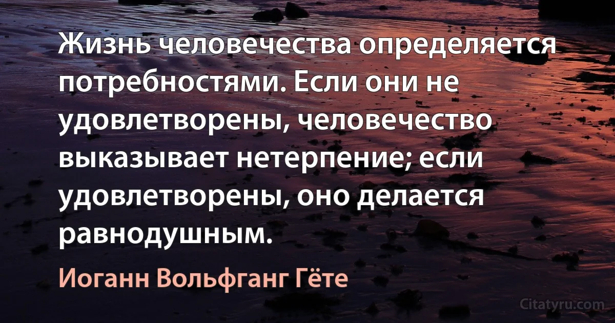 Жизнь человечества определяется потребностями. Если они не удовлетворены, человечество выказывает нетерпение; если удовлетворены, оно делается равнодушным. (Иоганн Вольфганг Гёте)