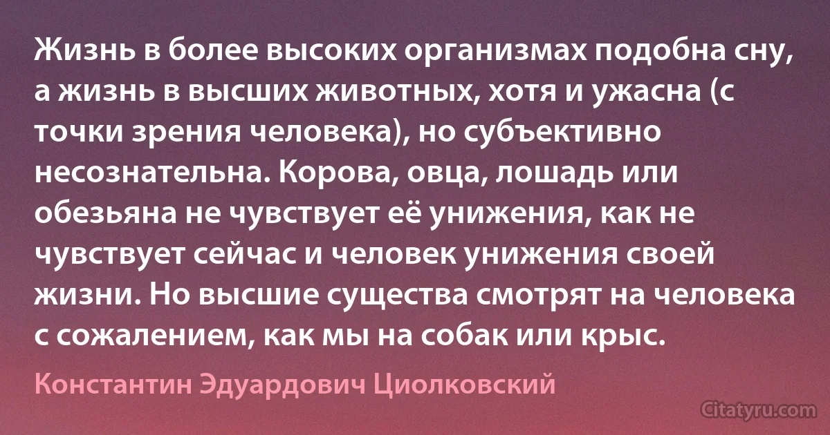 Жизнь в более высоких организмах подобна сну, а жизнь в высших животных, хотя и ужасна (с точки зрения человека), но субъективно несознательна. Корова, овца, лошадь или обезьяна не чувствует её унижения, как не чувствует сейчас и человек унижения своей жизни. Но высшие существа смотрят на человека с сожалением, как мы на собак или крыс. (Константин Эдуардович Циолковский)