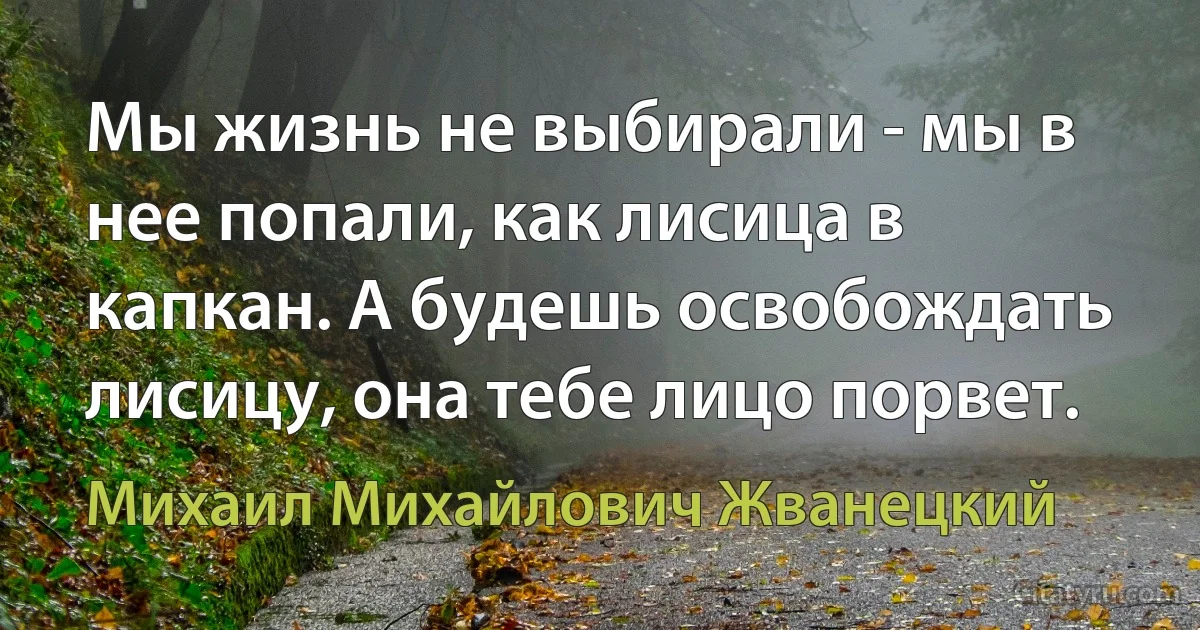 Мы жизнь не выбирали - мы в нее попали, как лисица в капкан. А будешь освобождать лисицу, она тебе лицо порвет. (Михаил Михайлович Жванецкий)