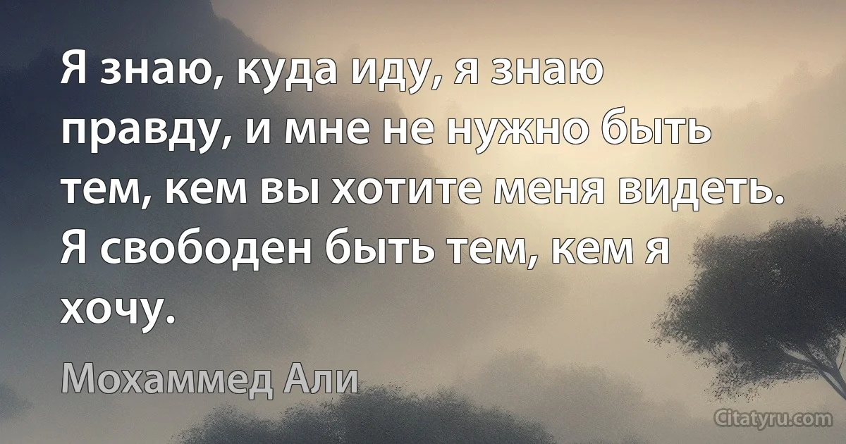 Я знаю, куда иду, я знаю правду, и мне не нужно быть тем, кем вы хотите меня видеть. Я свободен быть тем, кем я хочу. (Мохаммед Али)