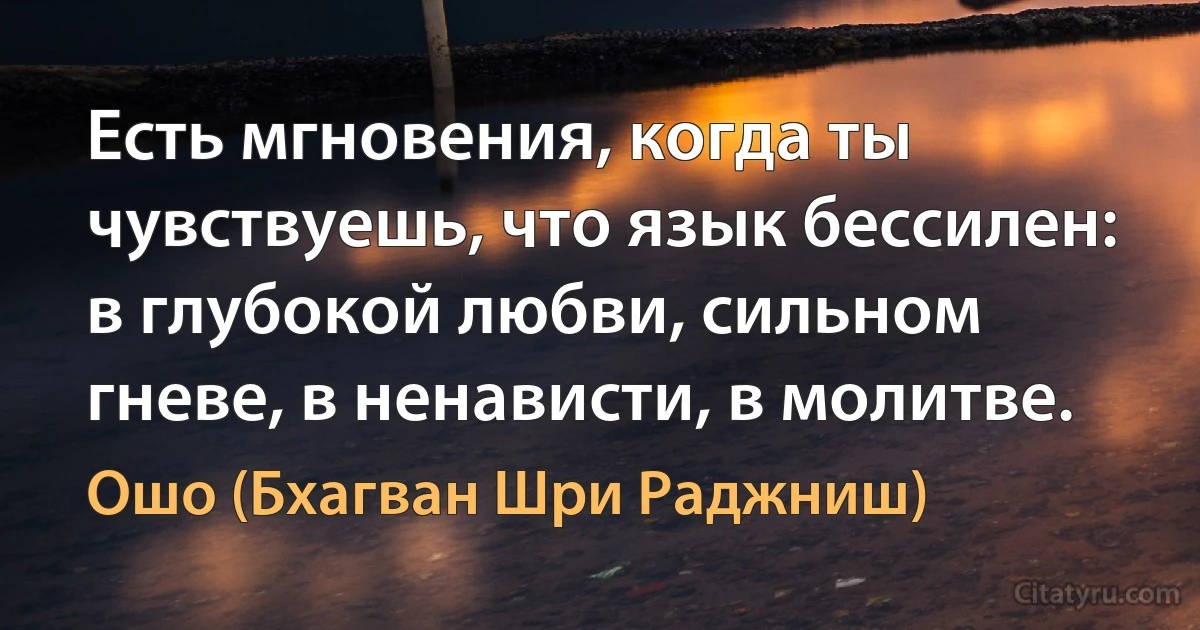 Есть мгновения, когда ты чувствуешь, что язык бессилен:
в глубокой любви, сильном гневе, в ненависти, в молитве. (Ошо (Бхагван Шри Раджниш))