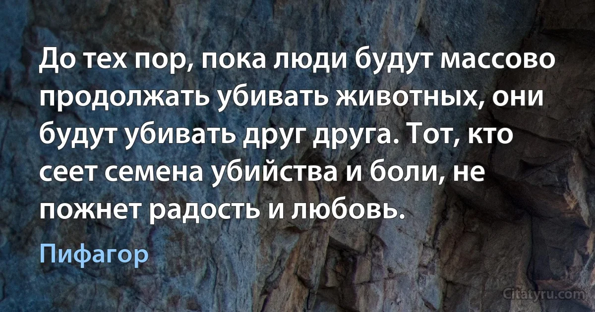 До тех пор, пока люди будут массово продолжать убивать животных, они будут убивать друг друга. Тот, кто сеет семена убийства и боли, не пожнет радость и любовь. (Пифагор)