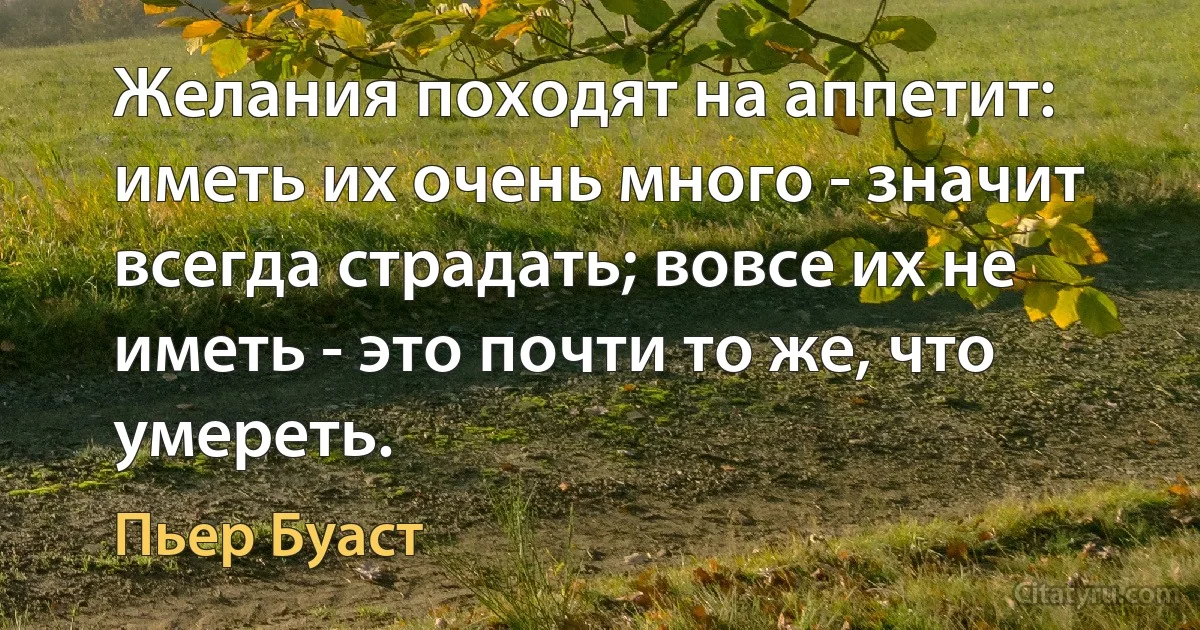 Желания походят на аппетит: иметь их очень много - значит всегда страдать; вовсе их не иметь - это почти то же, что умереть. (Пьер Буаст)