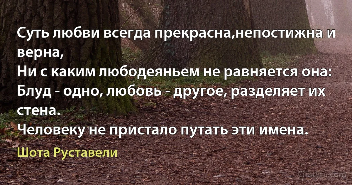 Суть любви всегда прекрасна,непостижна и верна,
Ни с каким любодеяньем не равняется она:
Блуд - одно, любовь - другое, разделяет их стена.
Человеку не пристало путать эти имена. (Шота Руставели)