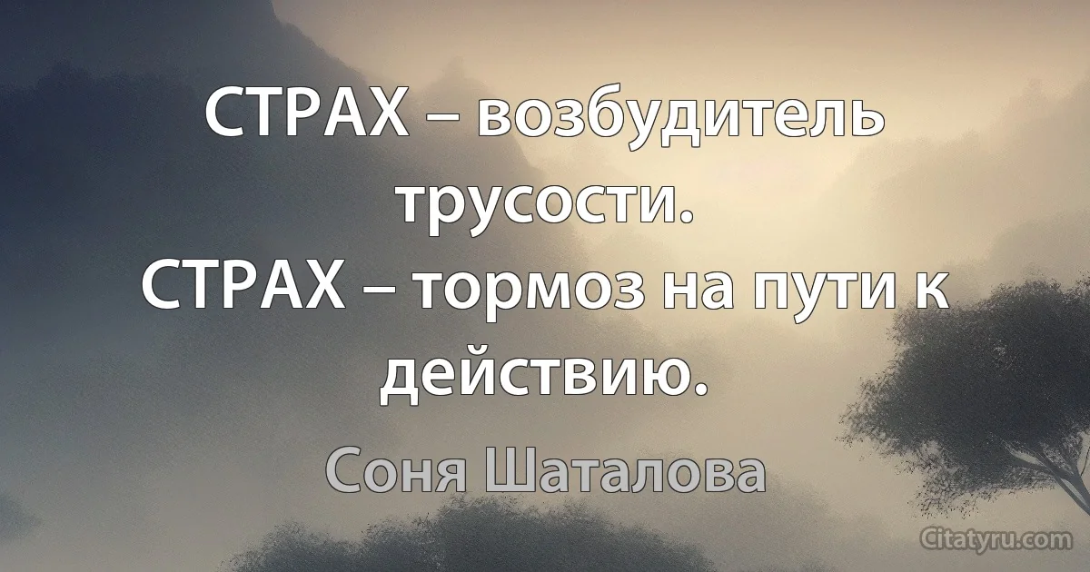 СТРАХ – возбудитель трусости.
СТРАХ – тормоз на пути к действию. (Соня Шаталова)