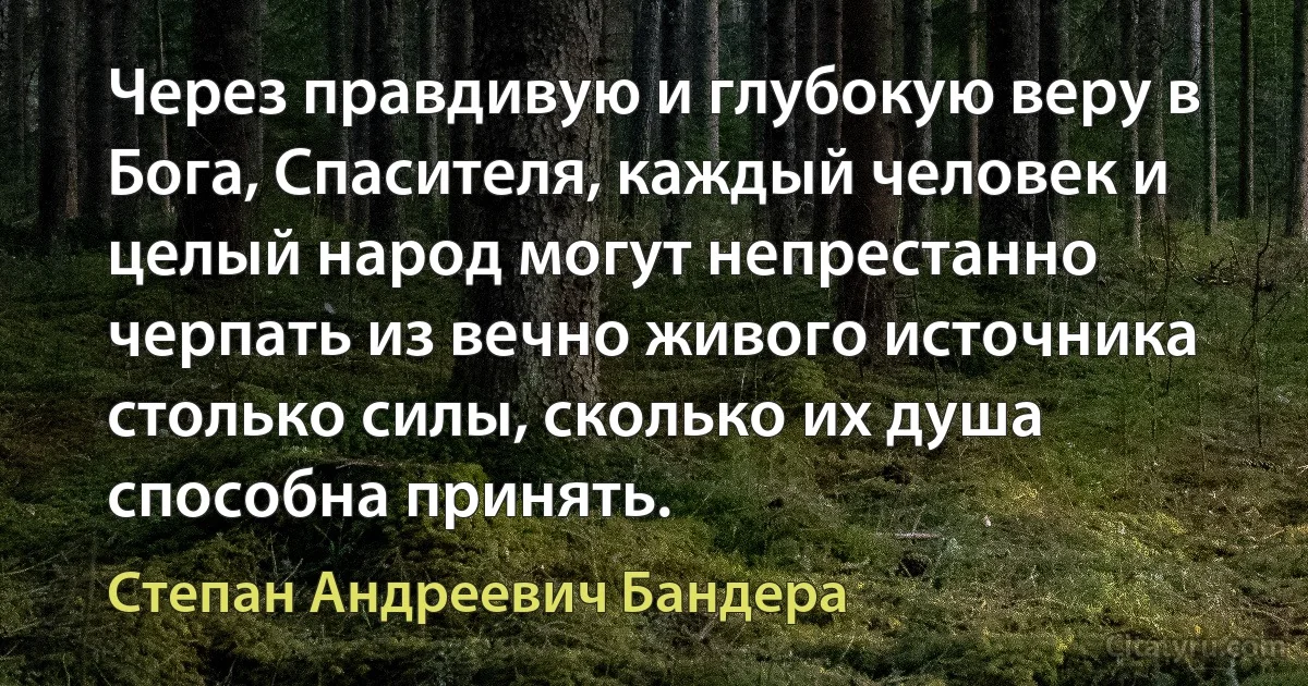 Через правдивую и глубокую веру в Бога, Спасителя, каждый человек и целый народ могут непрестанно черпать из вечно живого источника столько силы, сколько их душа способна принять. (Степан Андреевич Бандера)