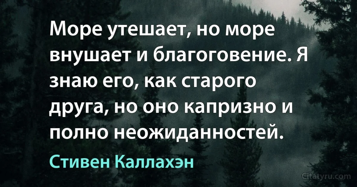 Море утешает, но море внушает и благоговение. Я знаю его, как старого друга, но оно капризно и полно неожиданностей. (Стивен Каллахэн)