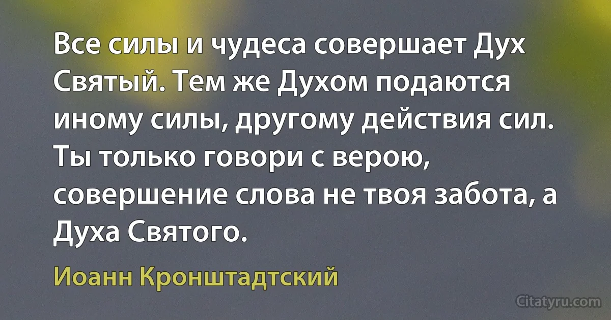 Все силы и чудеса совершает Дух Святый. Тем же Духом подаются иному силы, другому действия сил. Ты только говори с верою, совершение слова не твоя забота, а Духа Святого. (Иоанн Кронштадтский)