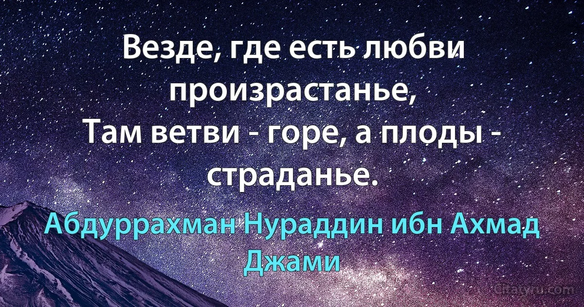 Везде, где есть любви произрастанье,
Там ветви - горе, а плоды - страданье. (Абдуррахман Нураддин ибн Ахмад Джами)