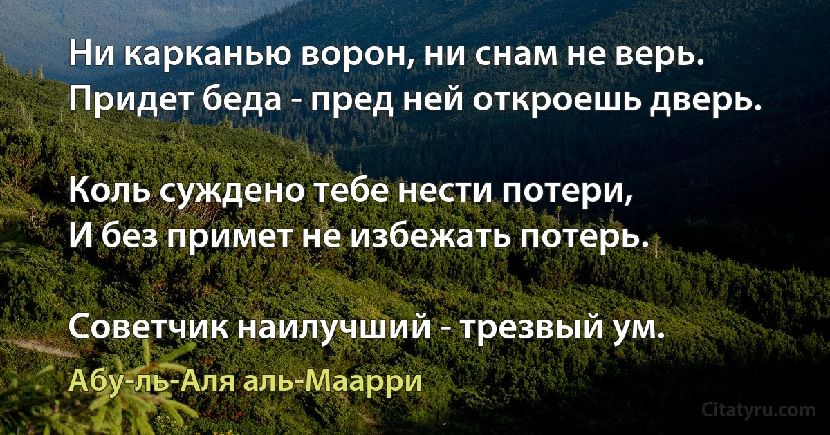 Ни карканью ворон, ни снам не верь.
Придет беда - пред ней откроешь дверь.

Коль суждено тебе нести потери,
И без примет не избежать потерь.

Советчик наилучший - трезвый ум. (Абу-ль-Аля аль-Маарри)