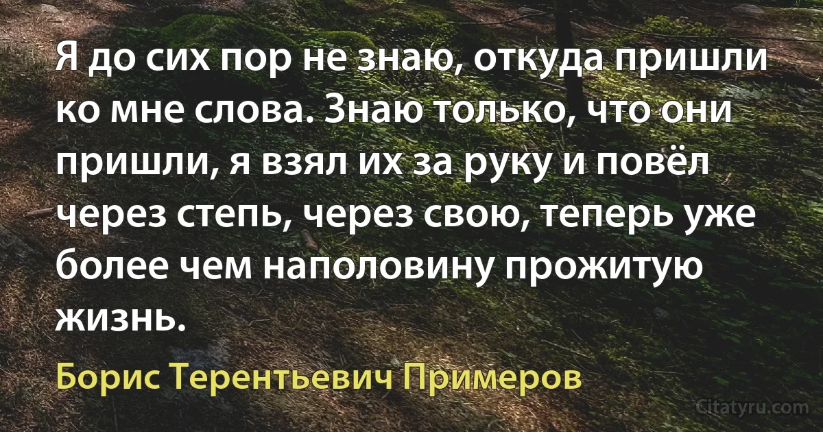 Я до сих пор не знаю, откуда пришли ко мне слова. Знаю только, что они пришли, я взял их за руку и повёл через степь, через свою, теперь уже более чем наполовину прожитую жизнь. (Борис Терентьевич Примеров)