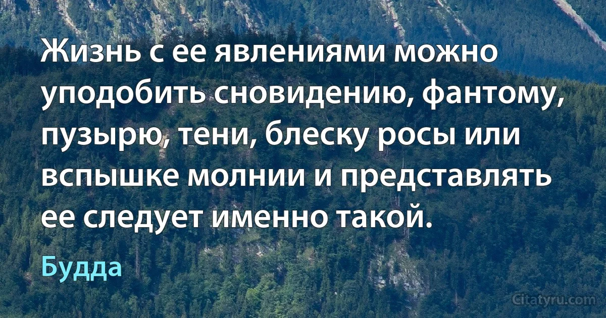 Жизнь с ее явлениями можно уподобить сновидению, фантому, пузырю, тени, блеску росы или вспышке молнии и представлять ее следует именно такой. (Будда)