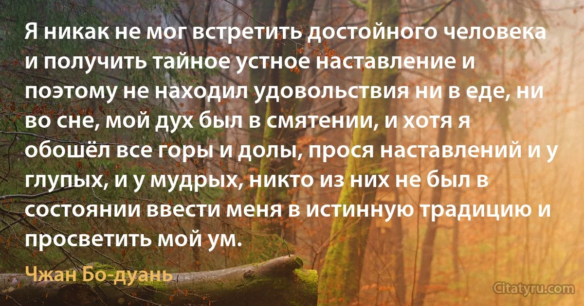 Я никак не мог встретить достойного человека и получить тайное устное наставление и поэтому не находил удовольствия ни в еде, ни во сне, мой дух был в смятении, и хотя я обошёл все горы и долы, прося наставлений и у глупых, и у мудрых, никто из них не был в состоянии ввести меня в истинную традицию и просветить мой ум. (Чжан Бо-дуань)