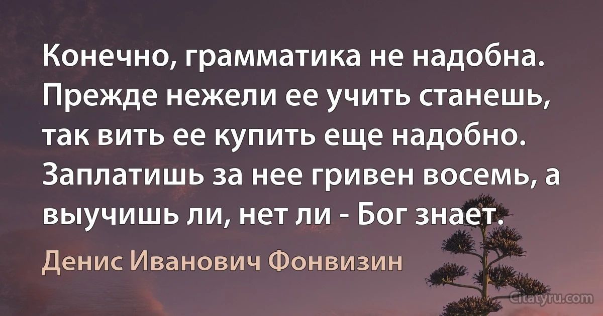 Конечно, грамматика не надобна. Прежде нежели ее учить станешь, так вить ее купить еще надобно. Заплатишь за нее гривен восемь, а выучишь ли, нет ли - Бог знает. (Денис Иванович Фонвизин)