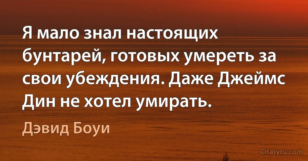 Я мало знал настоящих бунтарей, готовых умереть за свои убеждения. Даже Джеймс Дин не хотел умирать. (Дэвид Боуи)