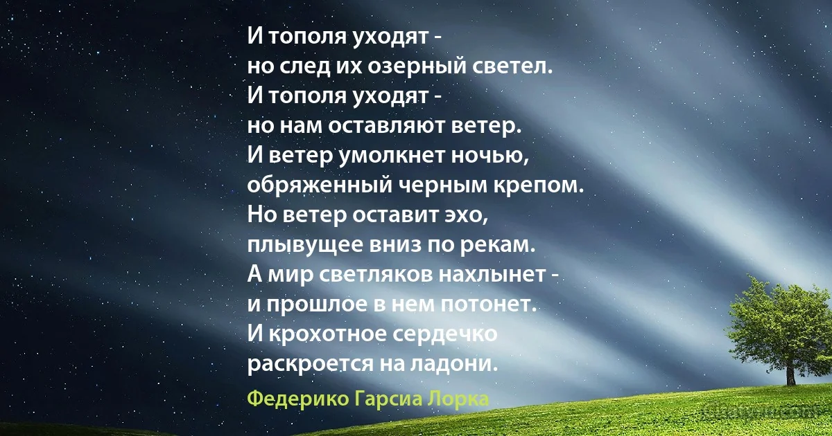 И тополя уходят -
но след их озерный светел.
И тополя уходят -
но нам оставляют ветер.
И ветер умолкнет ночью,
обряженный черным крепом.
Но ветер оставит эхо,
плывущее вниз по рекам.
А мир светляков нахлынет -
и прошлое в нем потонет.
И крохотное сердечко
раскроется на ладони. (Федерико Гарсиа Лорка)