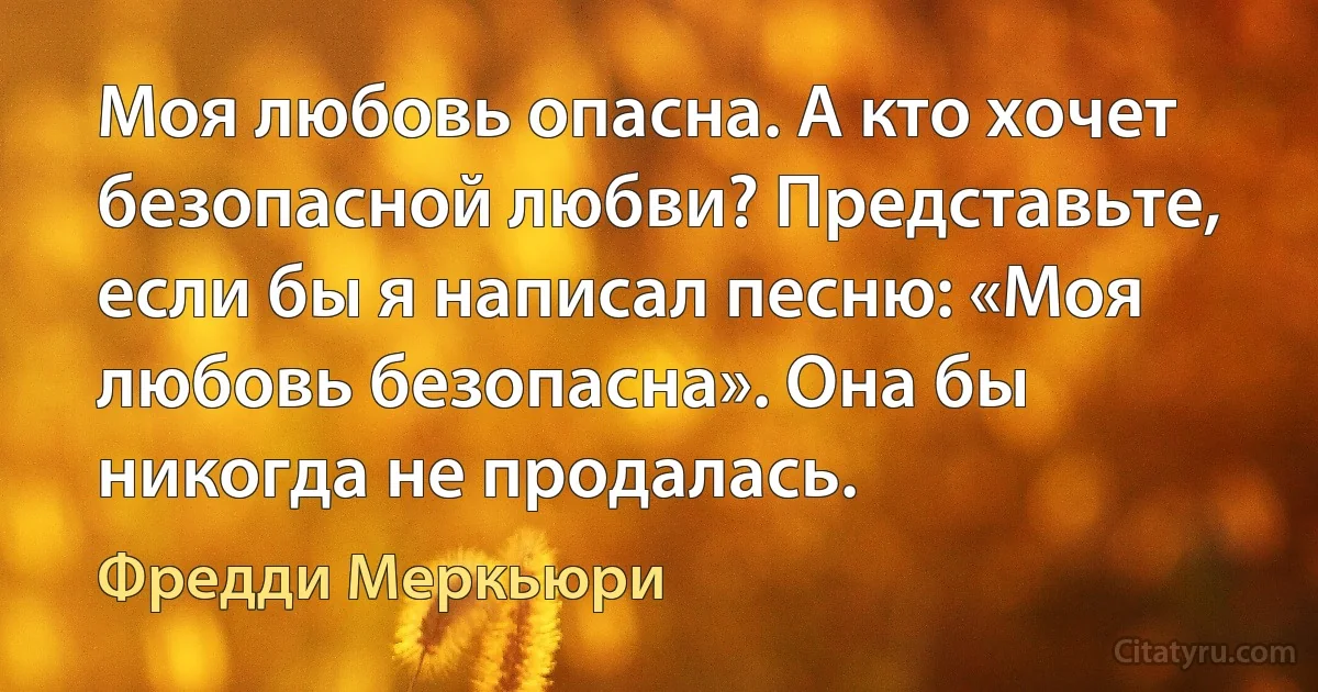 Моя любовь опасна. А кто хочет безопасной любви? Представьте, если бы я написал песню: «Моя любовь безопасна». Она бы никогда не продалась. (Фредди Меркьюри)