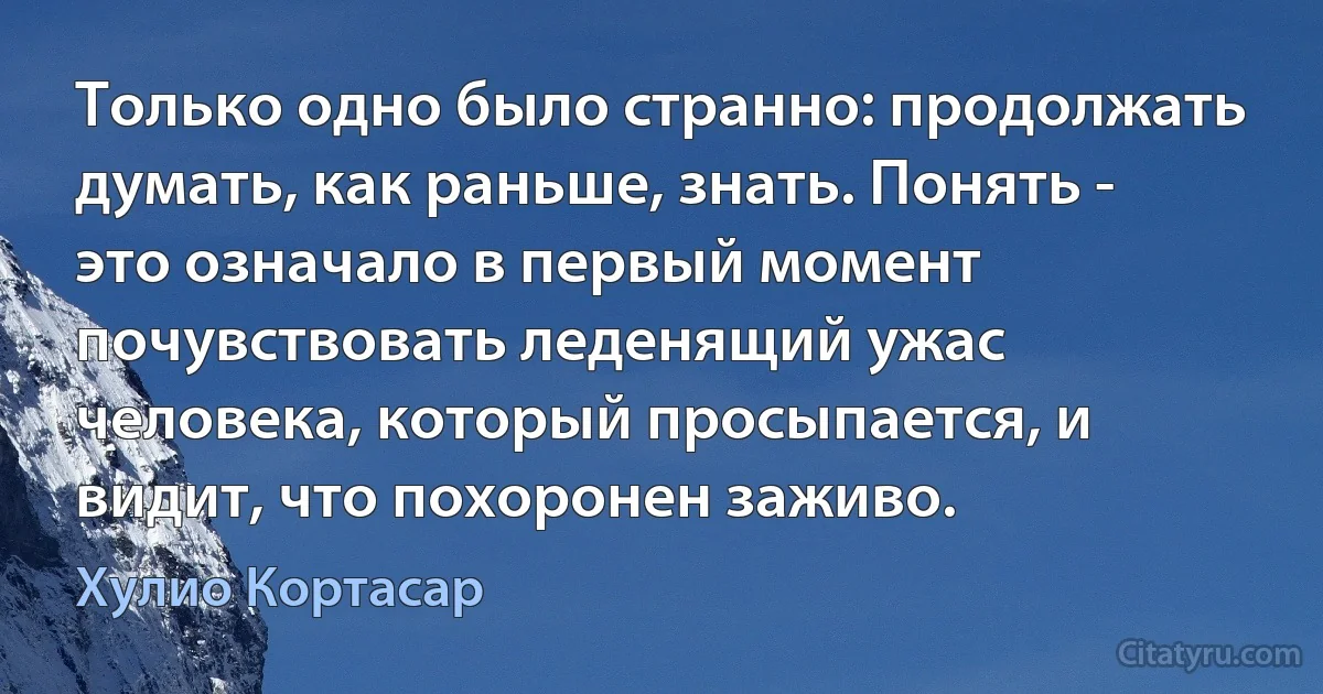 Только одно было странно: продолжать думать, как раньше, знать. Понять - это означало в первый момент почувствовать леденящий ужас человека, который просыпается, и видит, что похоронен заживо. (Хулио Кортасар)