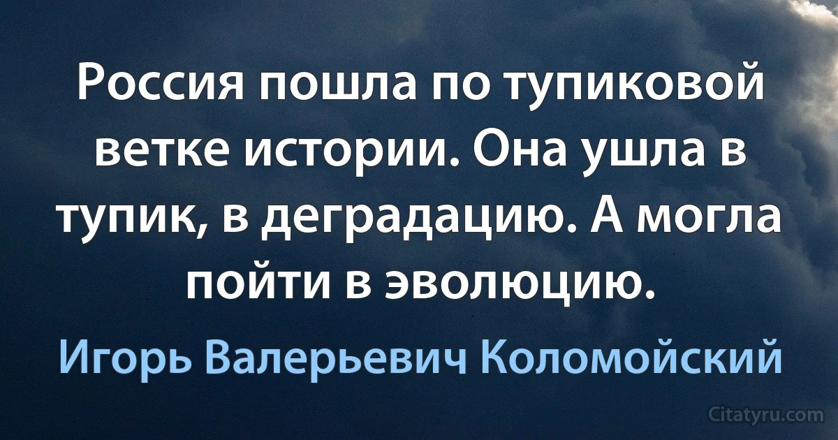 Россия пошла по тупиковой ветке истории. Она ушла в тупик, в деградацию. А могла пойти в эволюцию. (Игорь Валерьевич Коломойский)