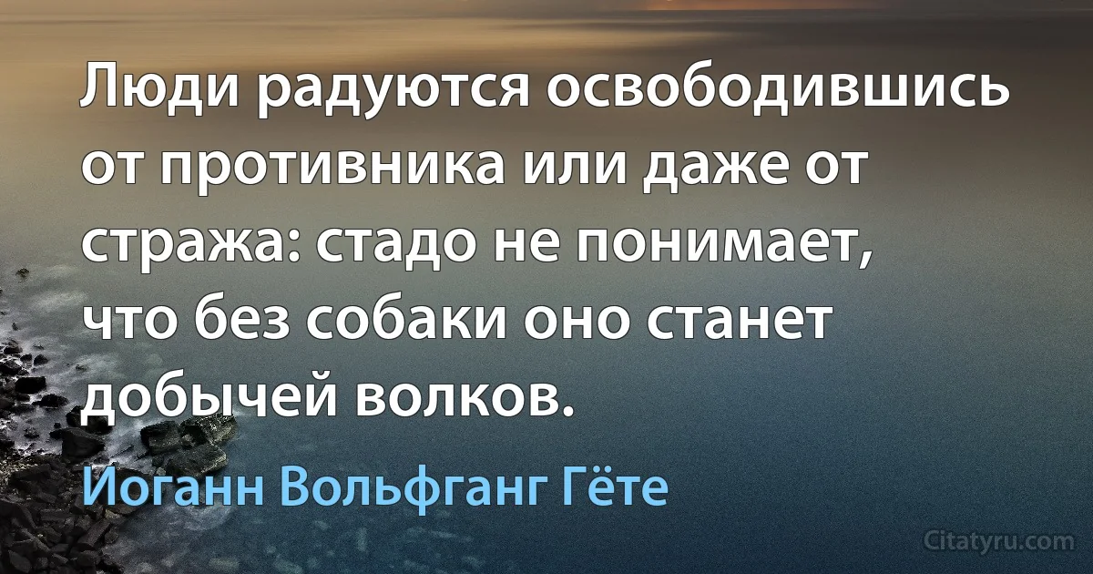 Люди радуются освободившись от противника или даже от стража: стадо не понимает, что без собаки оно станет добычей волков. (Иоганн Вольфганг Гёте)