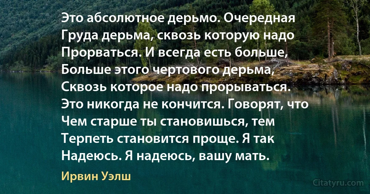 Это абсолютное дерьмо. Очередная
Груда дерьма, сквозь которую надо
Прорваться. И всегда есть больше,
Больше этого чертового дерьма,
Сквозь которое надо прорываться.
Это никогда не кончится. Говорят, что
Чем старше ты становишься, тем
Терпеть становится проще. Я так
Надеюсь. Я надеюсь, вашу мать. (Ирвин Уэлш)