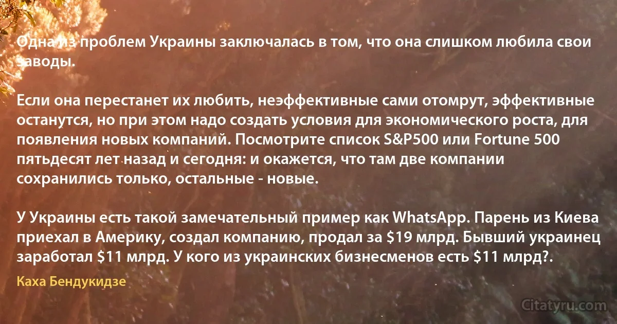 Одна из проблем Украины заключалась в том, что она слишком любила свои заводы.

Если она перестанет их любить, неэффективные сами отомрут, эффективные останутся, но при этом надо создать условия для экономического роста, для появления новых компаний. Посмотрите список S&P500 или Fortune 500 пятьдесят лет назад и сегодня: и окажется, что там две компании сохранились только, остальные - новые.

У Украины есть такой замечательный пример как WhatsApp. Парень из Киева приехал в Америку, создал компанию, продал за $19 млрд. Бывший украинец заработал $11 млрд. У кого из украинских бизнесменов есть $11 млрд?. (Каха Бендукидзе)