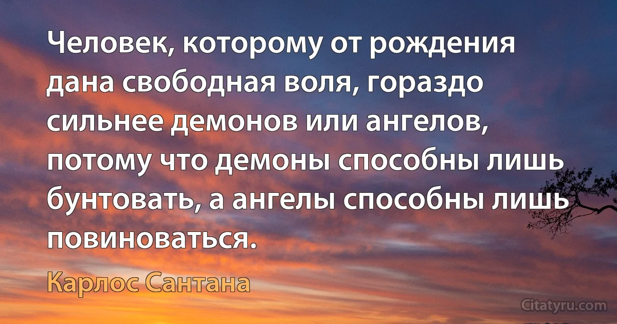 Человек, которому от рождения дана свободная воля, гораздо сильнее демонов или ангелов, потому что демоны способны лишь бунтовать, а ангелы способны лишь повиноваться. (Карлос Сантана)