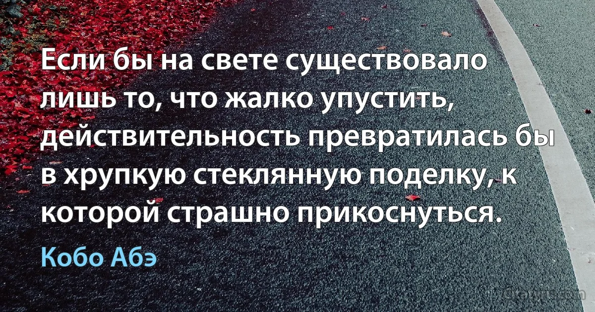 Если бы на свете существовало лишь то, что жалко упустить, действительность превратилась бы в хрупкую стеклянную поделку, к которой страшно прикоснуться. (Кобо Абэ)