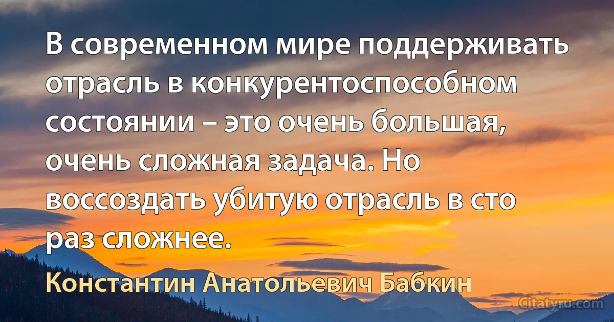 В современном мире поддерживать отрасль в конкурентоспособном состоянии – это очень большая, очень сложная задача. Но воссоздать убитую отрасль в сто раз сложнее. (Константин Анатольевич Бабкин)