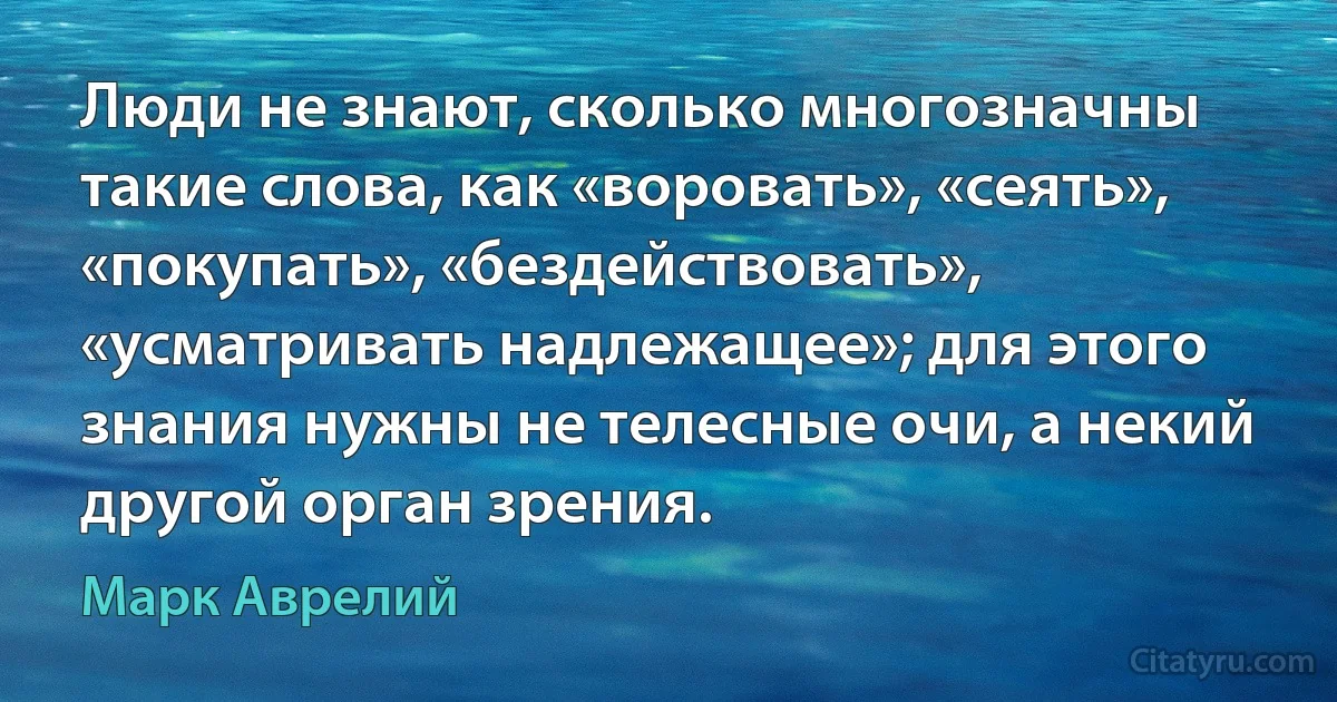 Люди не знают, сколько многозначны такие слова, как «воровать», «сеять», «покупать», «бездействовать», «усматривать надлежащее»; для этого знания нужны не телесные очи, а некий другой орган зрения. (Марк Аврелий)