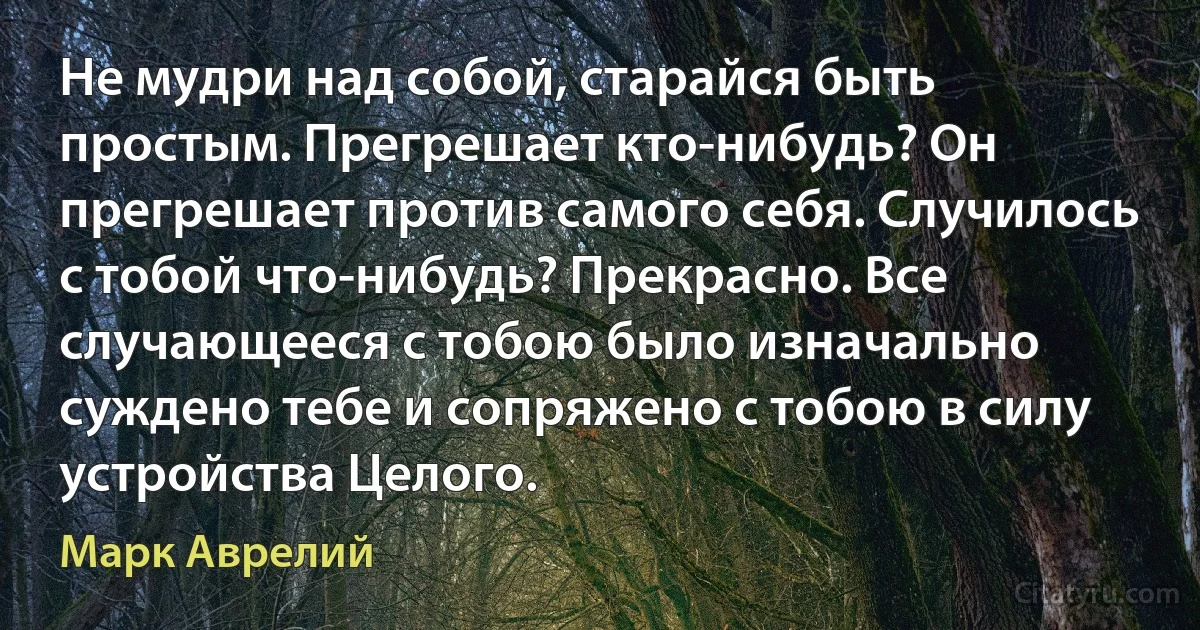 Не мудри над собой, старайся быть простым. Прегрешает кто-нибудь? Он прегрешает против самого себя. Случилось с тобой что-нибудь? Прекрасно. Все случающееся с тобою было изначально суждено тебе и сопряжено с тобою в силу устройства Целого. (Марк Аврелий)