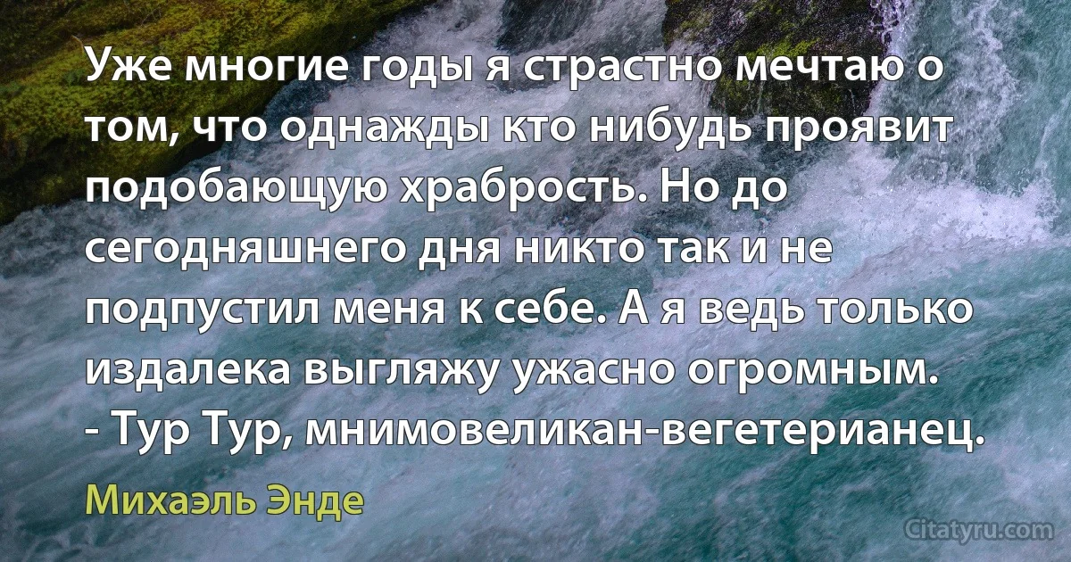 Уже многие годы я страстно мечтаю о том, что однажды кто нибудь проявит подобающую храбрость. Но до сегодняшнего дня никто так и не подпустил меня к себе. А я ведь только издалека выгляжу ужасно огромным.
- Тур Тур, мнимовеликан-вегетерианец. (Михаэль Энде)