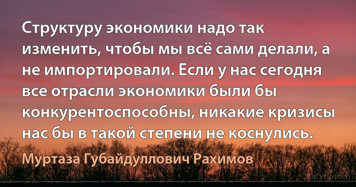 Структуру экономики надо так изменить, чтобы мы всё сами делали, а не импортировали. Если у нас сегодня все отрасли экономики были бы конкурентоспособны, никакие кризисы нас бы в такой степени не коснулись. (Муртаза Губайдуллович Рахимов)