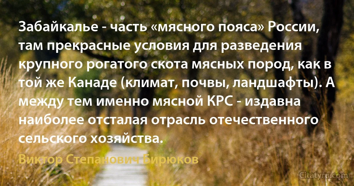 Забайкалье - часть «мясного пояса» России, там прекрасные условия для разведения крупного рогатого скота мясных пород, как в той же Канаде (климат, почвы, ландшафты). А между тем именно мясной КРС - издавна наиболее отсталая отрасль отечественного сельского хозяйства. (Виктор Степанович Бирюков)