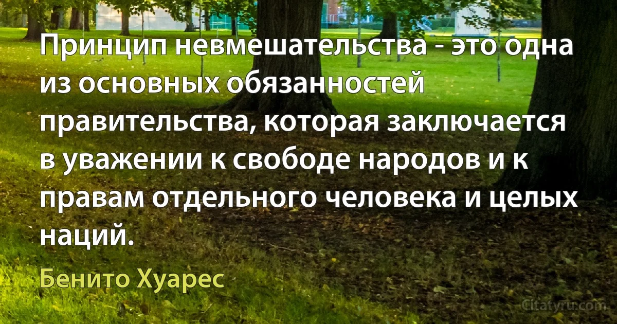 Принцип невмешательства - это одна из основных обязанностей правительства, которая заключается в уважении к свободе народов и к правам отдельного человека и целых наций. (Бенито Хуарес)