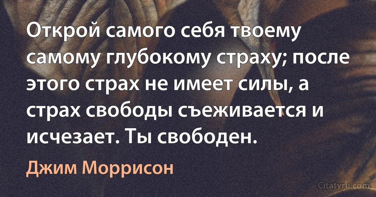 Открой самого себя твоему самому глубокому страху; после этого страх не имеет силы, а страх свободы съеживается и исчезает. Ты свободен. (Джим Моррисон)