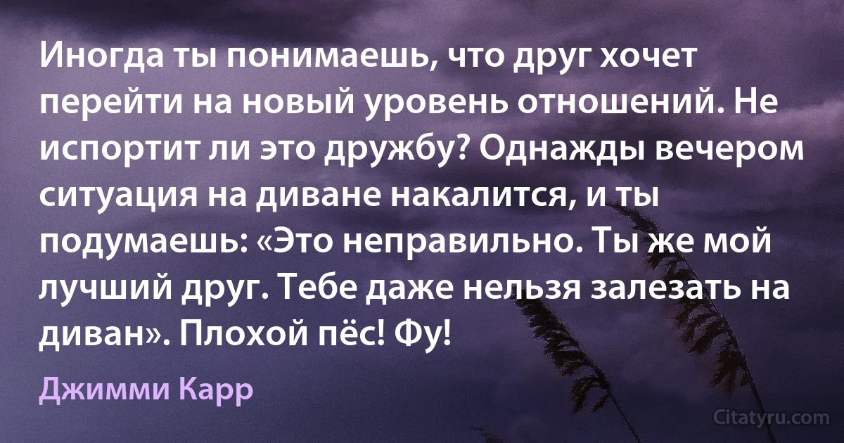 Иногда ты понимаешь, что друг хочет перейти на новый уровень отношений. Не испортит ли это дружбу? Однажды вечером ситуация на диване накалится, и ты подумаешь: «Это неправильно. Ты же мой лучший друг. Тебе даже нельзя залезать на диван». Плохой пёс! Фу! (Джимми Карр)