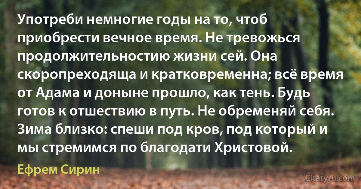 Употреби немногие годы на то, чтоб приобрести вечное время. Не тревожься продолжительностию жизни сей. Она скоропреходяща и кратковременна; всё время от Адама и доныне прошло, как тень. Будь готов к отшествию в путь. Не обременяй себя. Зима близко: спеши под кров, под который и мы стремимся по благодати Христовой. (Ефрем Сирин)