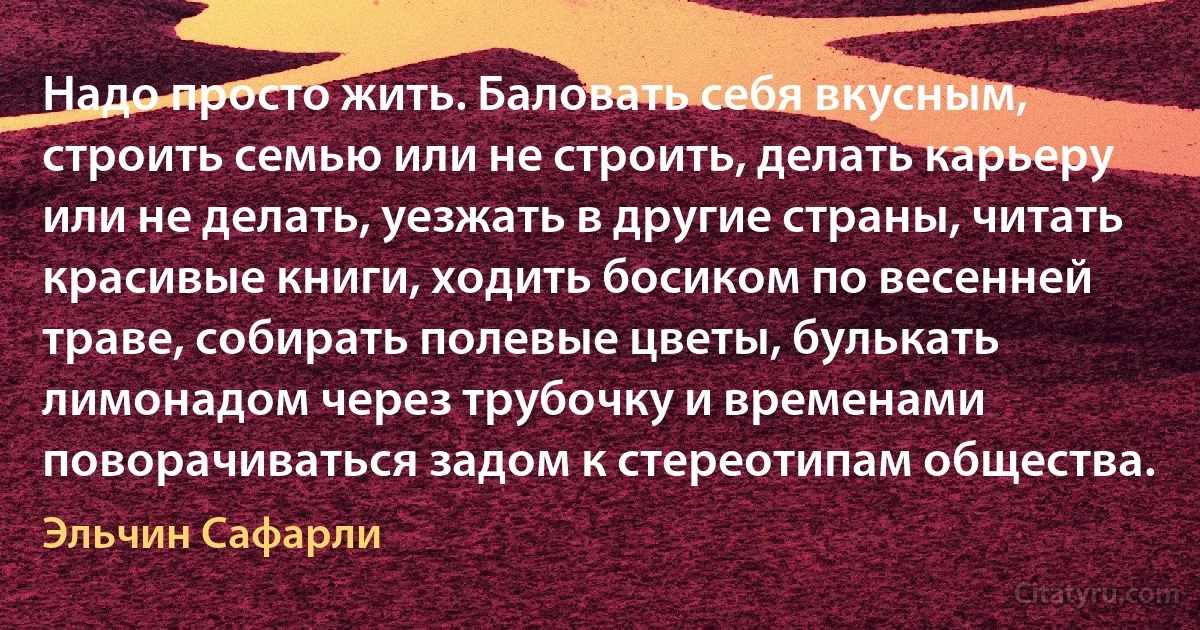 Надо просто жить. Баловать себя вкусным, строить семью или не строить, делать карьеру или не делать, уезжать в другие страны, читать красивые книги, ходить босиком по весенней траве, собирать полевые цветы, булькать лимонадом через трубочку и временами поворачиваться задом к стереотипам общества. (Эльчин Сафарли)