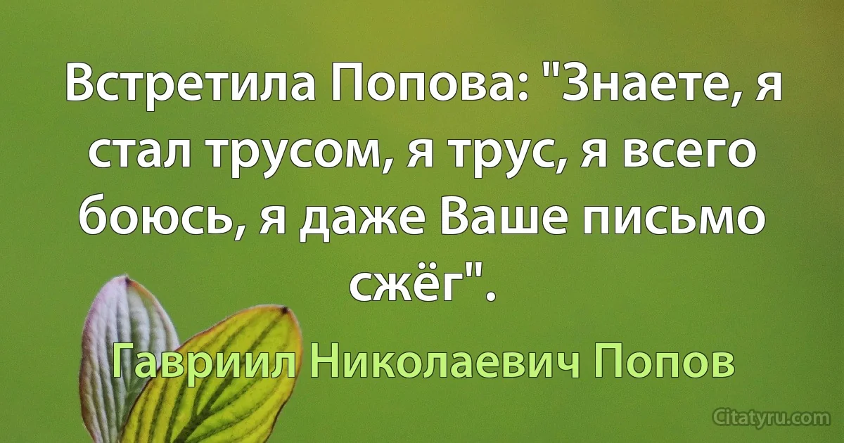 Встретила Попова: "Знаете, я стал трусом, я трус, я всего боюсь, я даже Ваше письмо сжёг". (Гавриил Николаевич Попов)